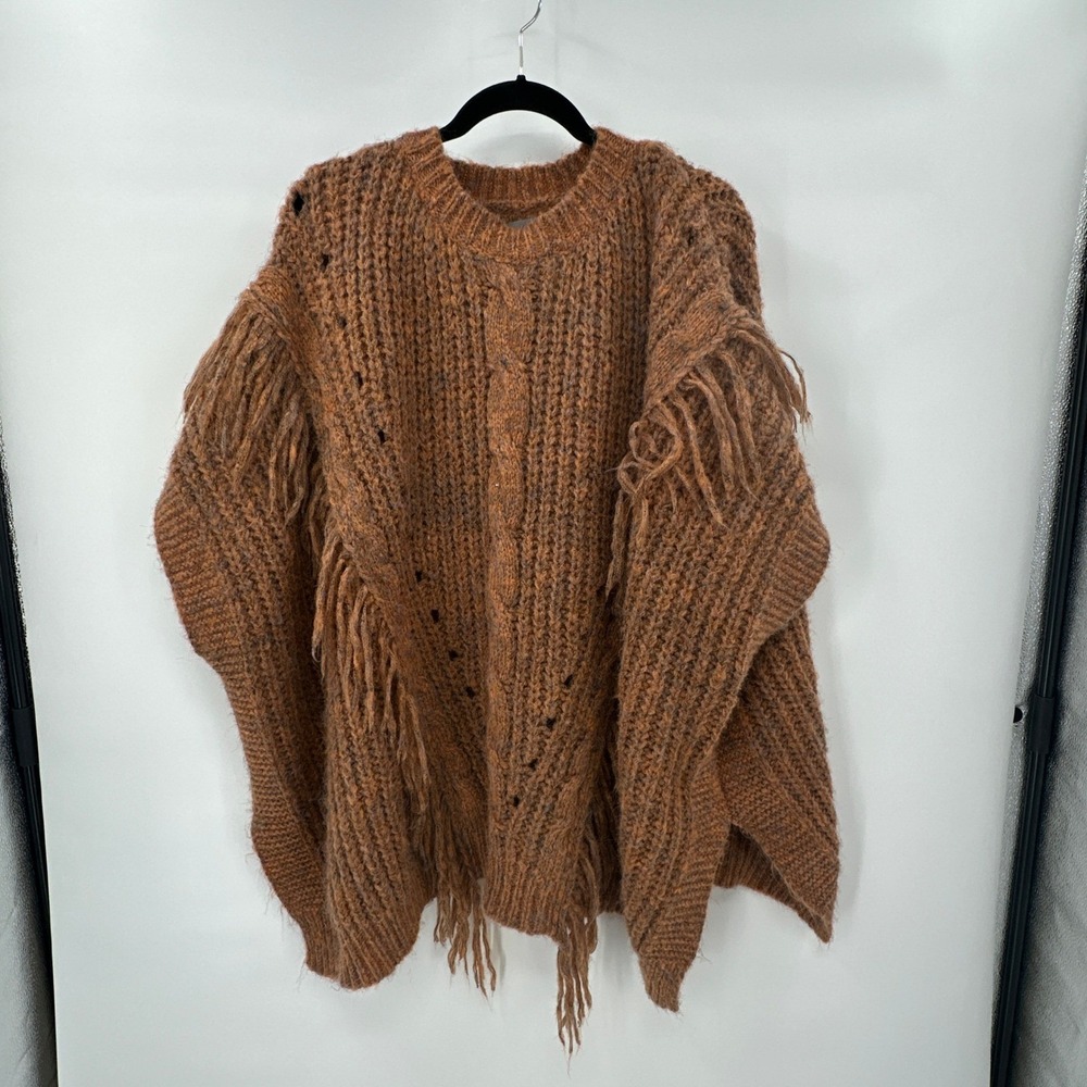 By Anthropologie Fringe Poncho Sweater Oversized One Size Chunky Brown Marled